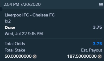Liverpool FC Chelsea FC I bet for a Draw on Stak.com