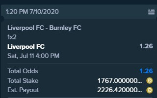 Liverpool wins against Burnley x1.26 on Stake