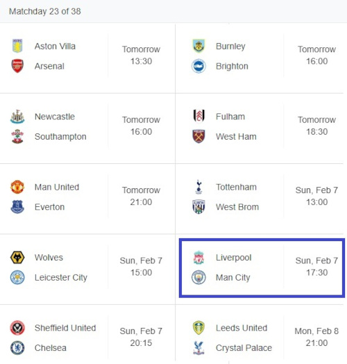 Premier League Matchday 23 Lverpool vs Man City